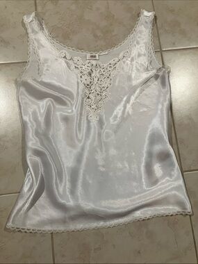 Lace-Trim Satin Camisole Tank Top in White